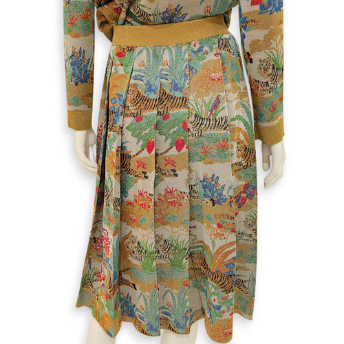 Metallic Tiger Jacquard Pleated Skirt XS Green Ready-To-Wear in Viscose