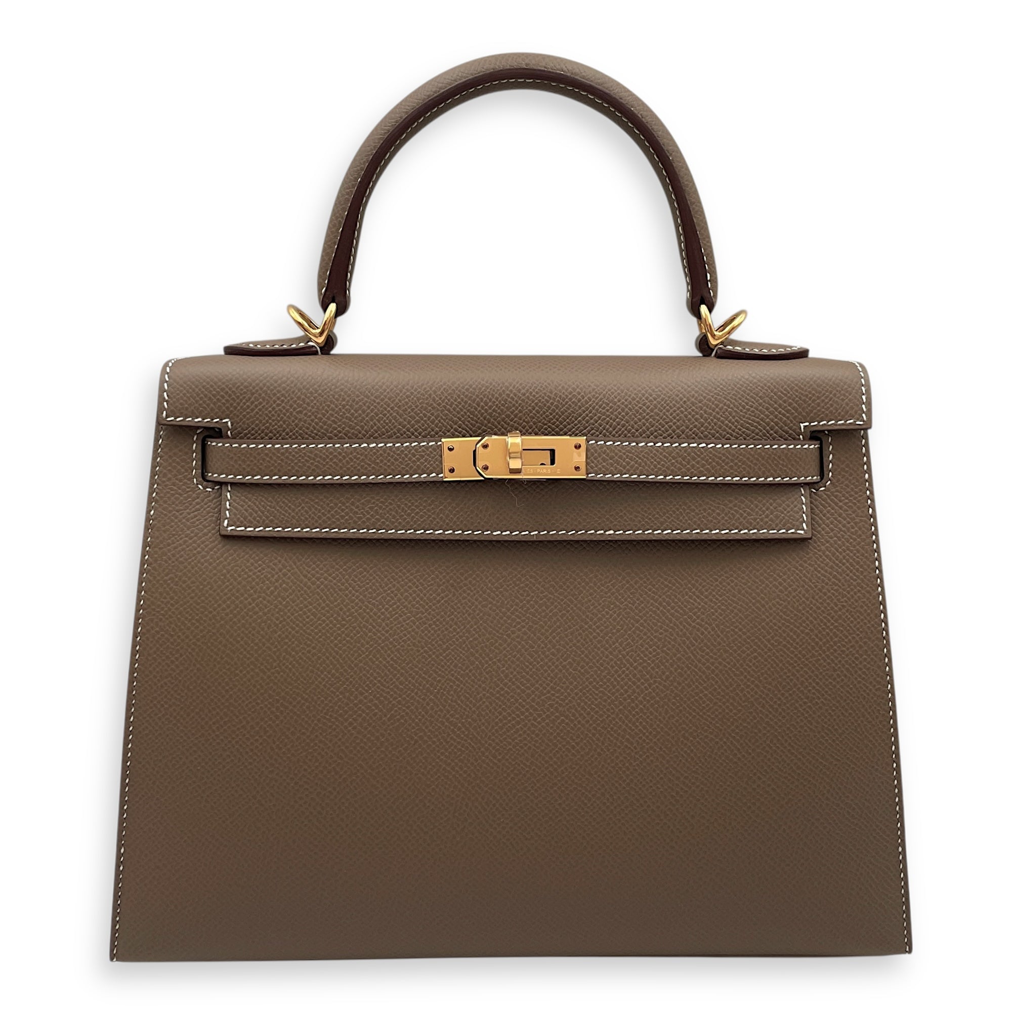 Sellier Kelly 25 Etoupe in Epsom, Gold hardware