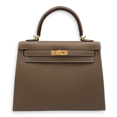 Sellier Kelly 25 Etoupe in Epsom, Gold hardware