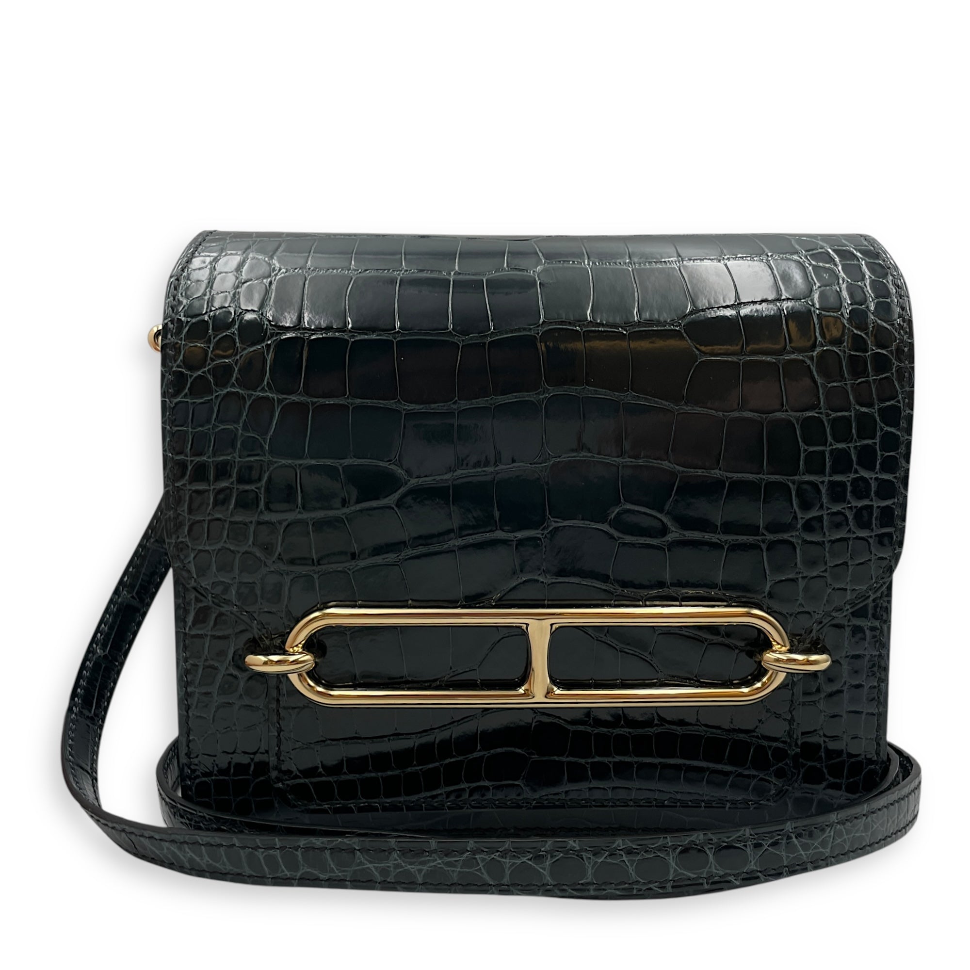 Roulis Mini Vert Rousseau in Shiny Alligator, Permabrass hardware