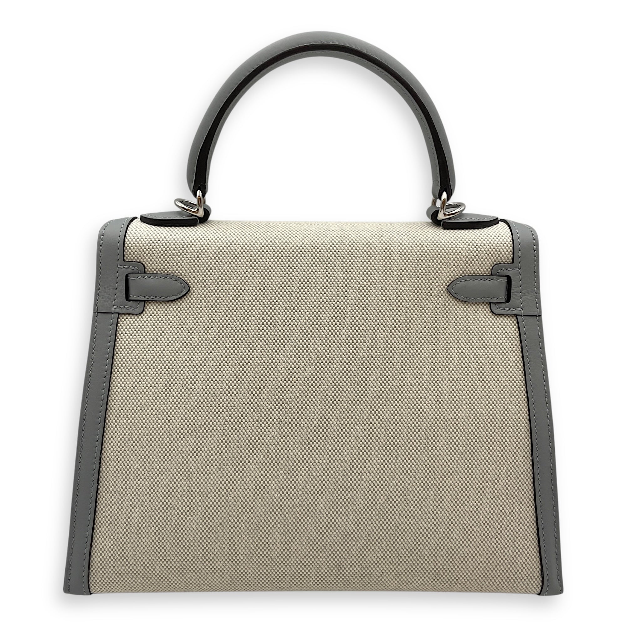 Sellier Kelly 25 Ecru-Bleu Glacier/Gris Pantin in Toile/Swift, Palladium hardware
