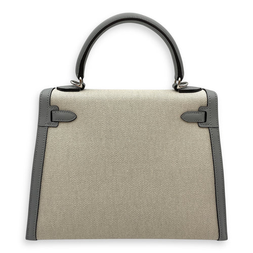 Sellier Kelly 25 Ecru-Bleu Glacier/Gris Pantin in Toile/Swift, Palladium hardware
