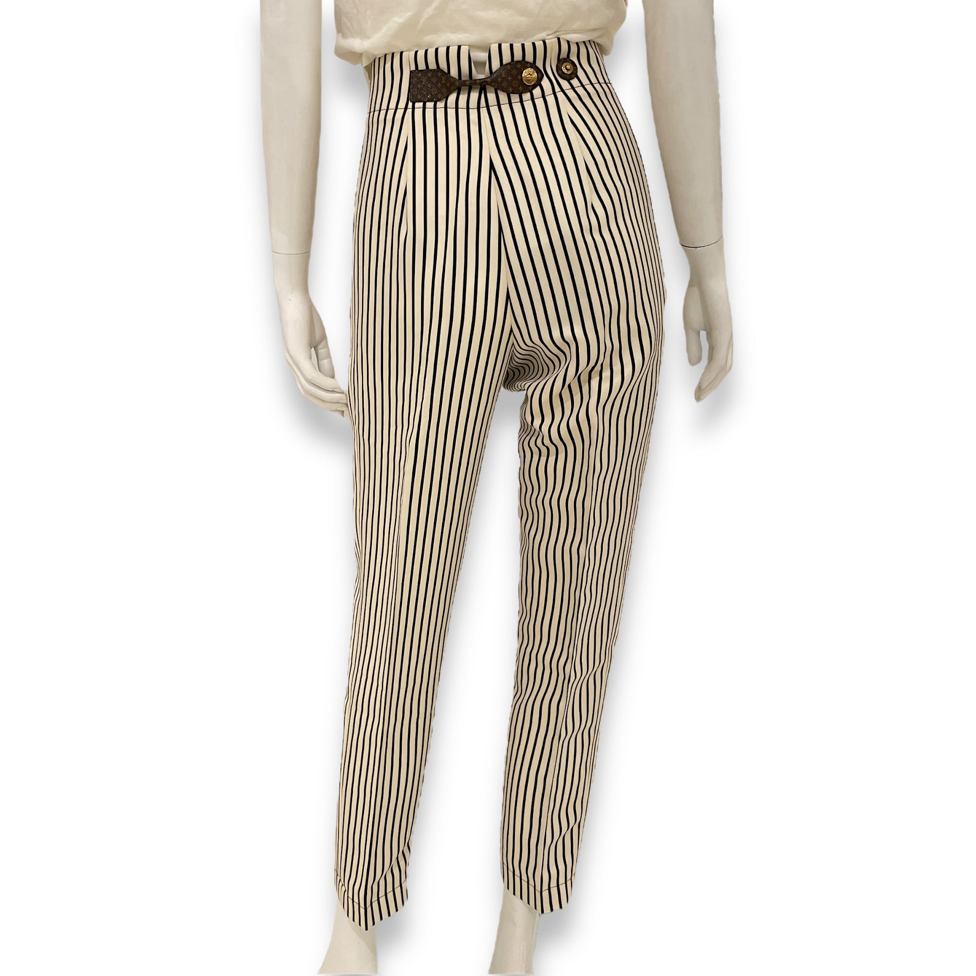Striped Long Pants 34 White/Black Ready-To-Wear in Polyester, Gold hardware