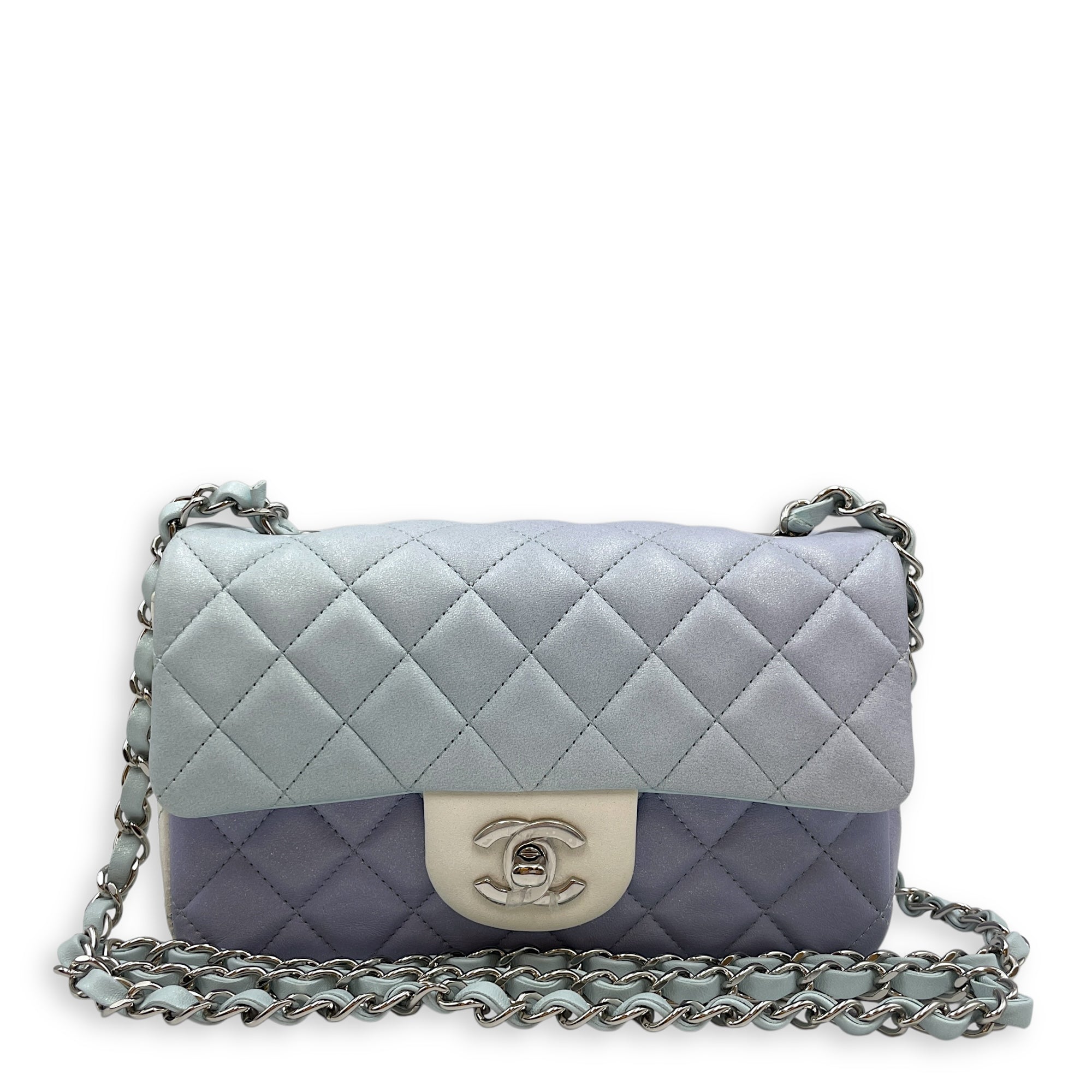 Rectangle Mini Ombre Blue Flap Bag in Lambskin, Silver hardware