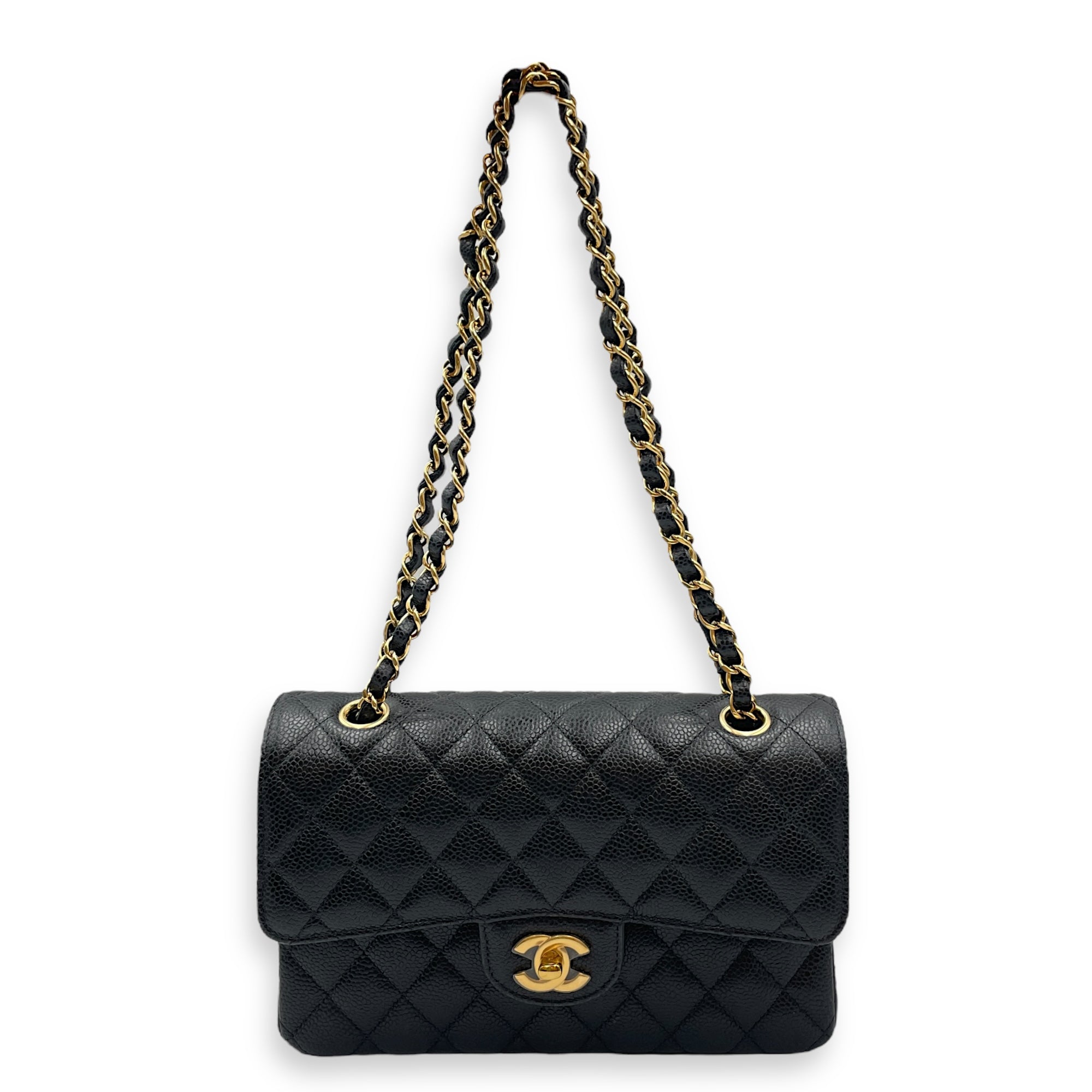 Quilted Classic Small Black Double Flap Bag in Caviar Leather, Gold hardware