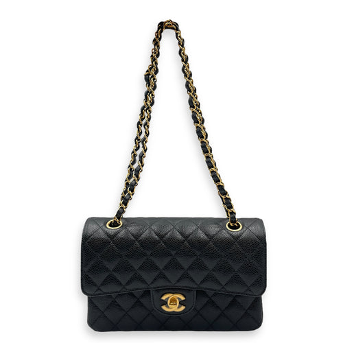 Quilted Classic Small Black Double Flap Bag in Caviar Leather, Gold hardware