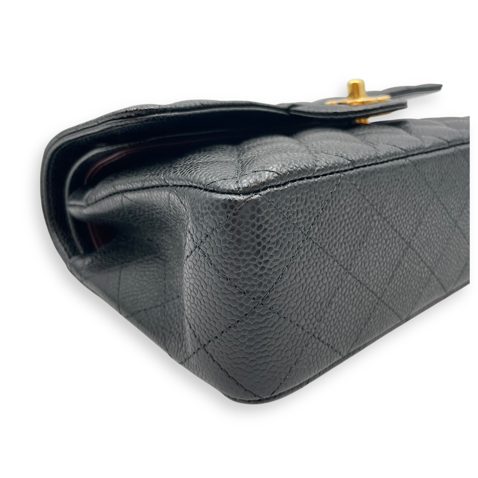 Quilted Classic Small Black Double Flap Bag in Caviar Leather, Gold hardware