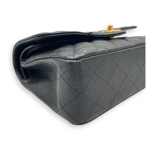 Quilted Classic Small Black Double Flap Bag in Caviar Leather, Gold hardware