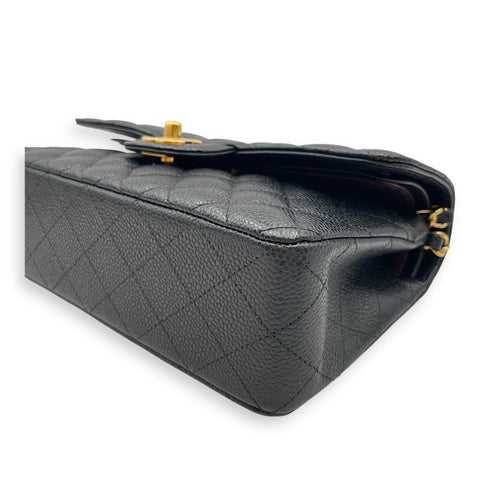Quilted Classic Small Black Double Flap Bag in Caviar Leather, Gold hardware