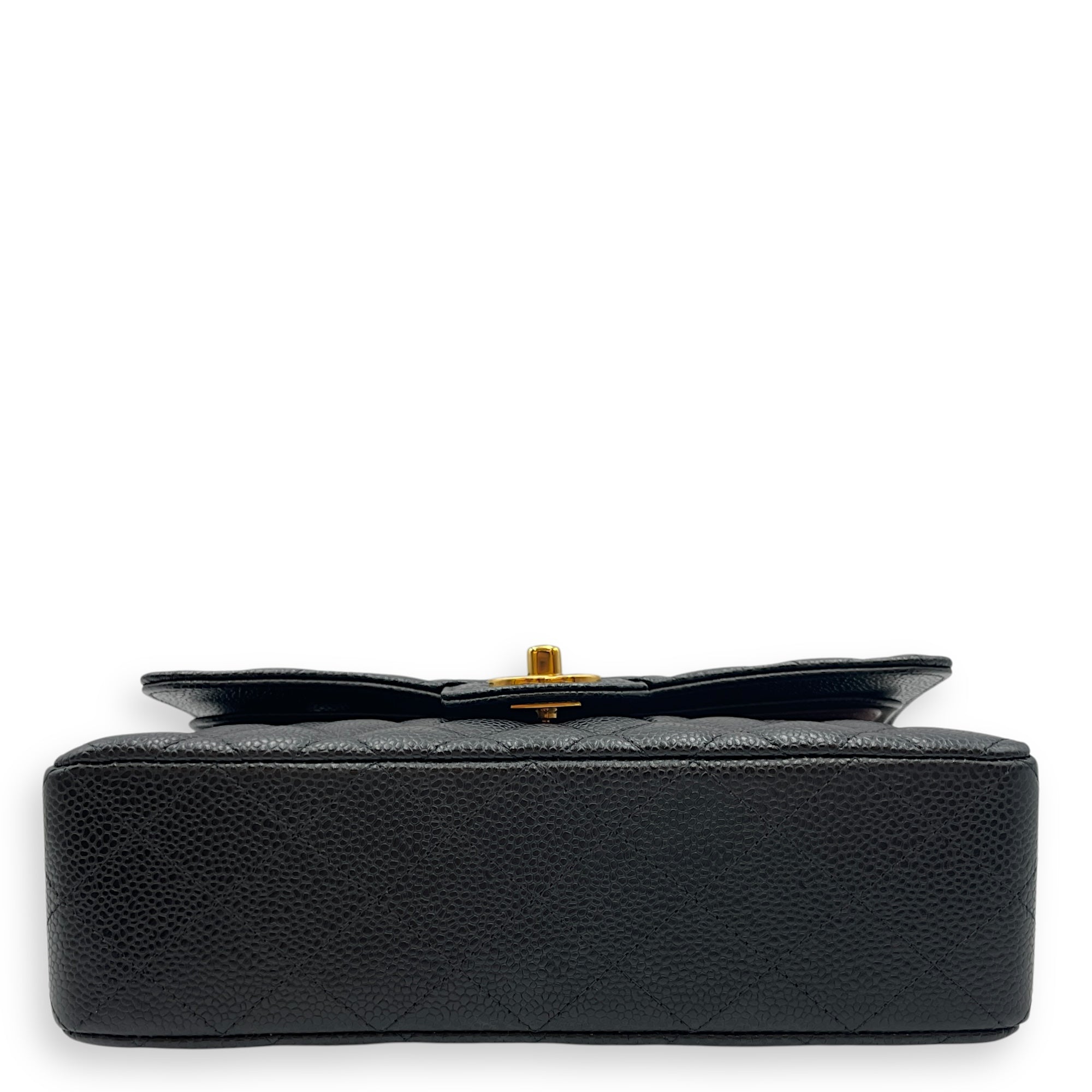 Quilted Classic Small Black Double Flap Bag in Caviar Leather, Gold hardware