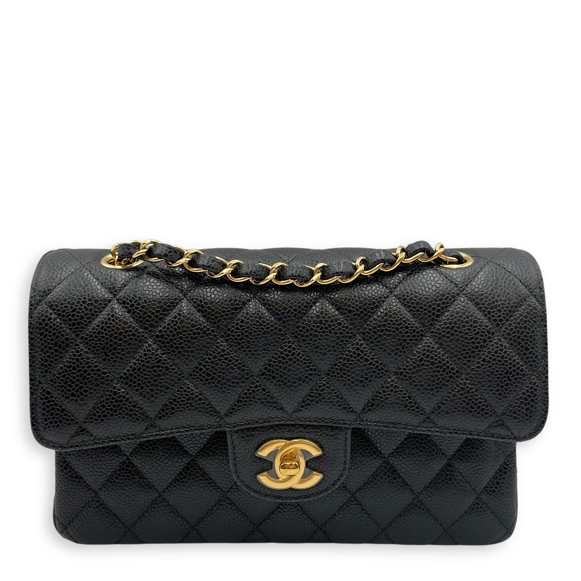Quilted Classic Small Black Double Flap Bag in Caviar Leather, Gold hardware