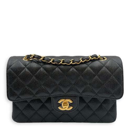 Quilted Classic Small Black Double Flap Bag in Caviar Leather, Gold hardware