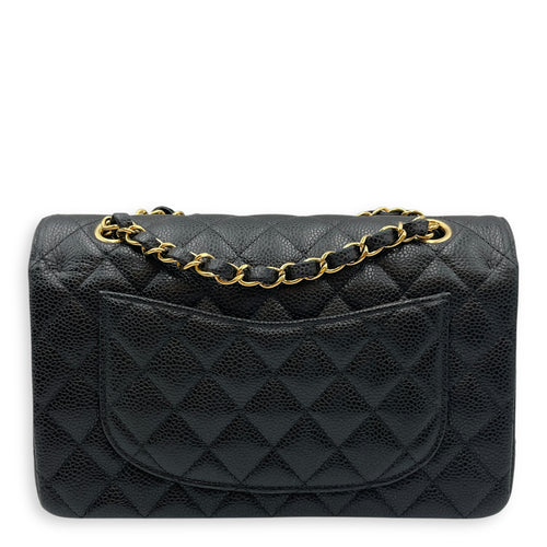 Quilted Classic Small Black Double Flap Bag in Caviar Leather, Gold hardware