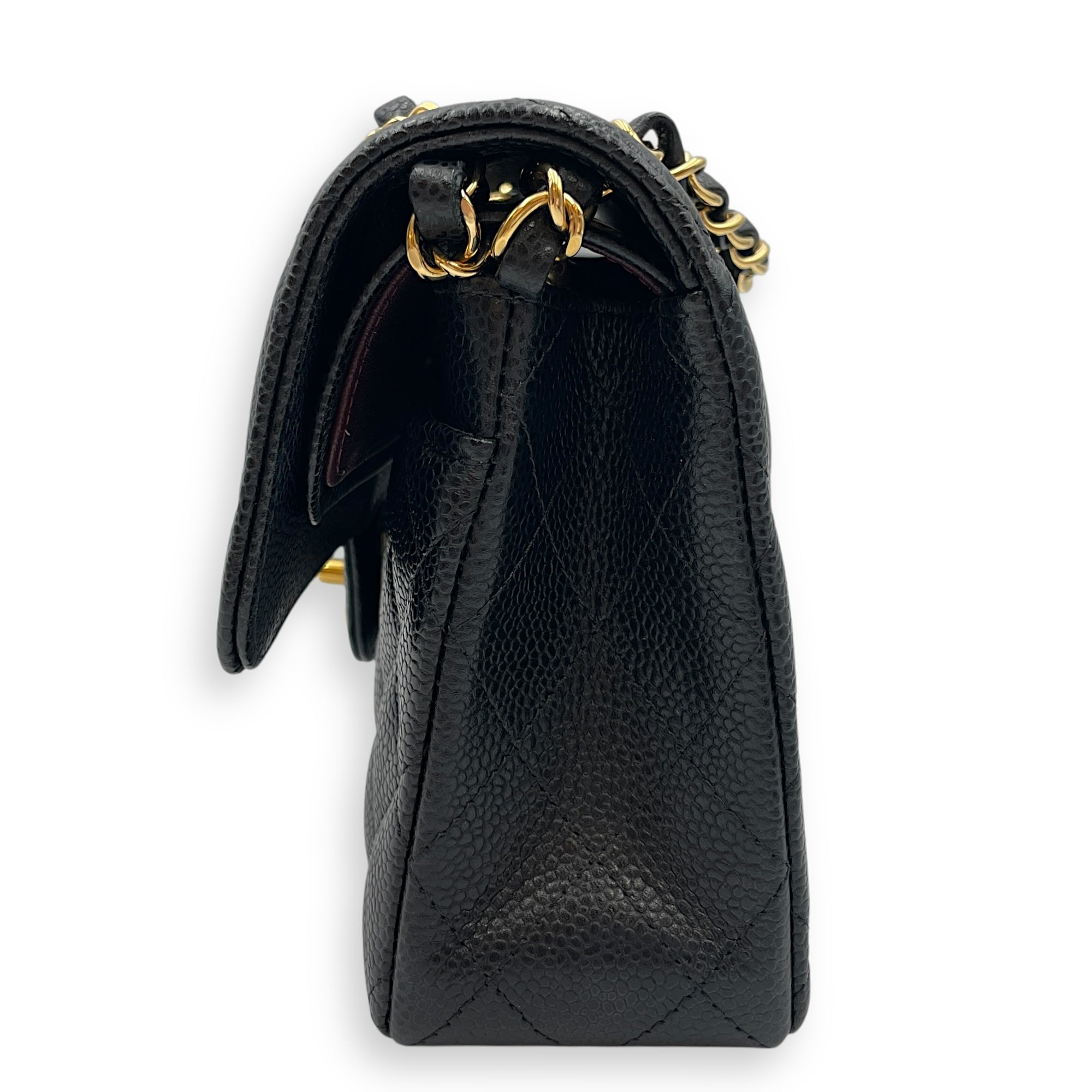 Quilted Classic Small Black Double Flap Bag in Caviar Leather, Gold hardware