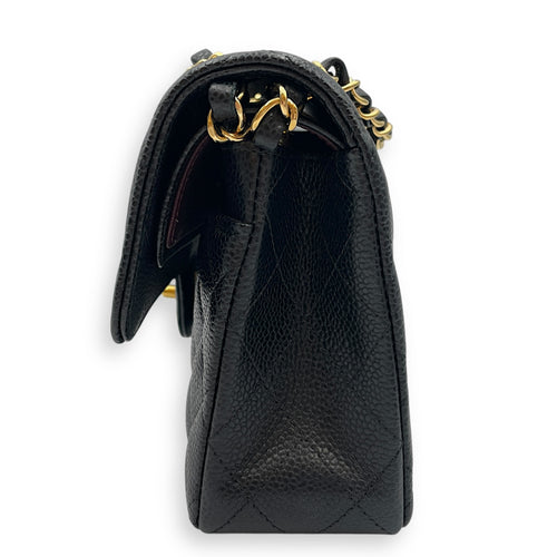 Quilted Classic Small Black Double Flap Bag in Caviar Leather, Gold hardware