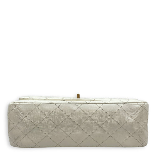 Reissue 2.55 White Flap Bag in Distressed Leather, Gold hardware