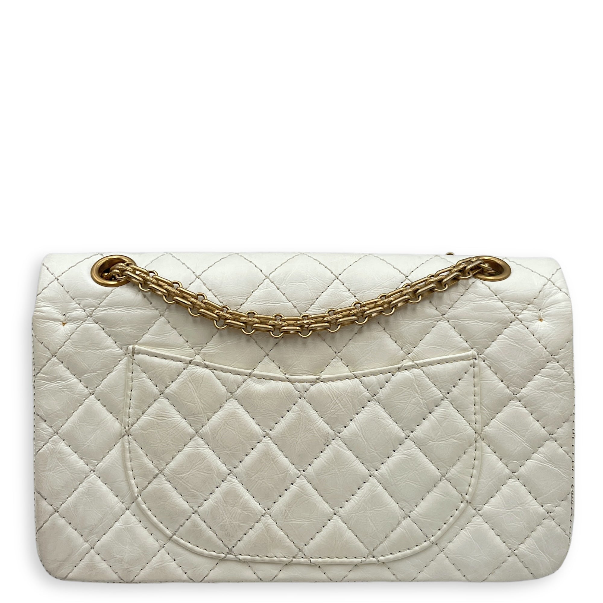 Reissue 2.55 White Flap Bag in Distressed Leather, Gold hardware