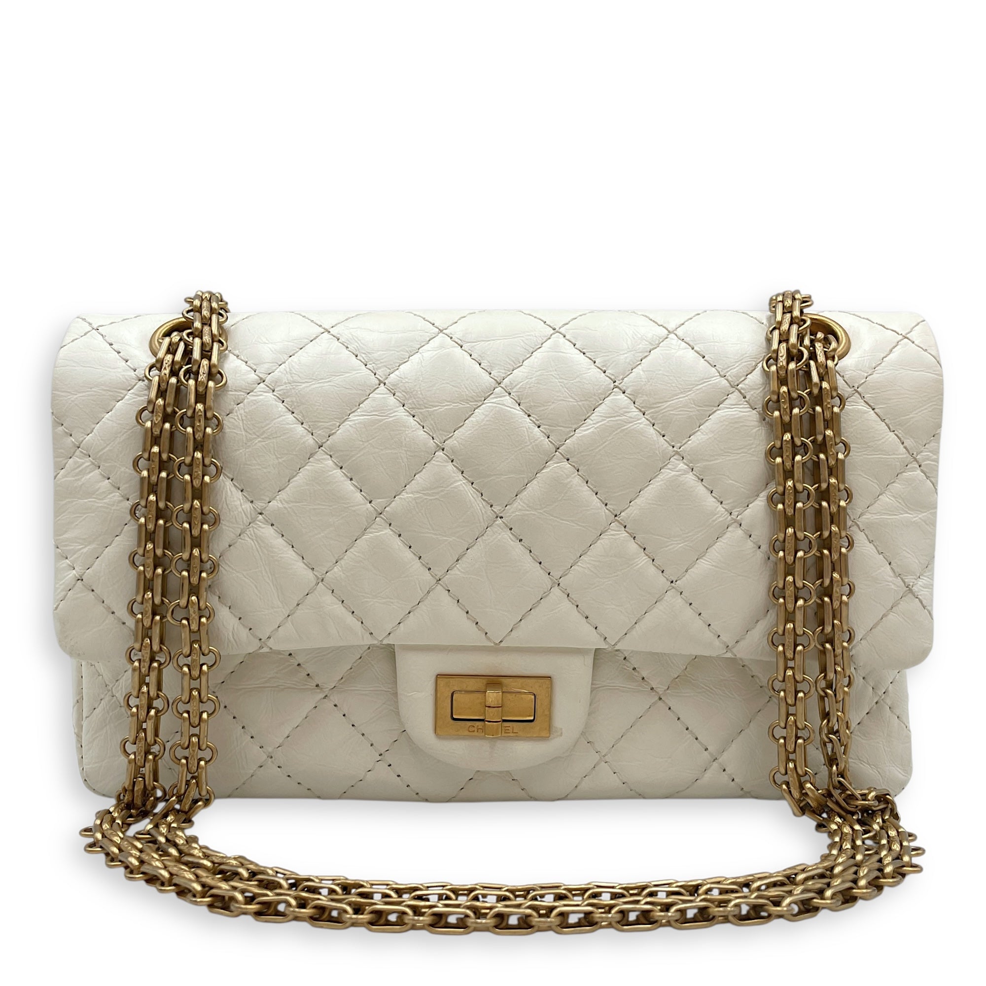 Reissue 2.55 White Flap Bag in Distressed Leather, Gold hardware