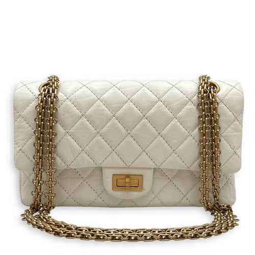 Reissue 2.55 White Flap Bag in Distressed Leather, Gold hardware