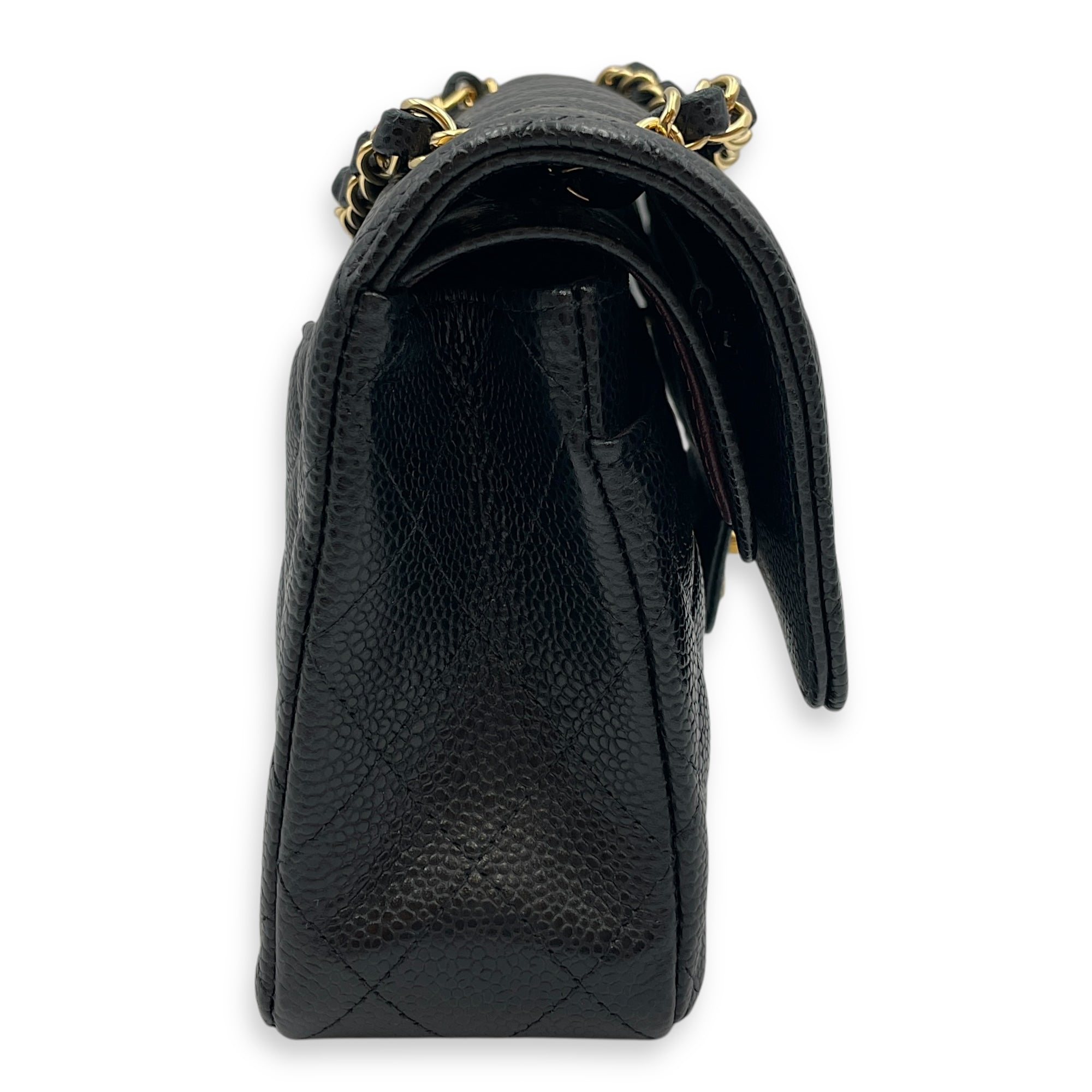 Quilted Classic Small Black Double Flap Bag in Caviar Leather, Gold hardware