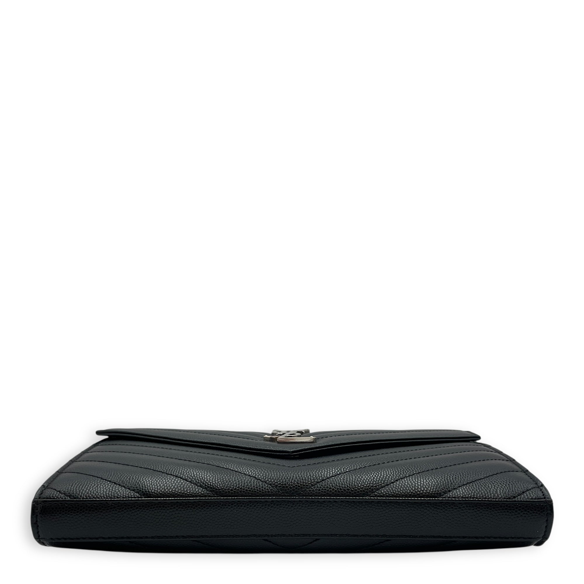 Cassandra Black Wallet on Chain in Calfskin, Silver hardware