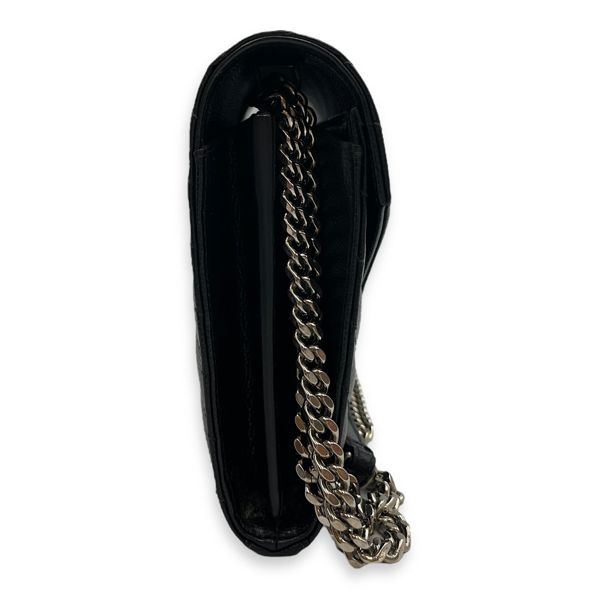 Cassandra Black Wallet on Chain in Calfskin, Silver hardware