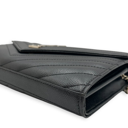 Cassandra Black Wallet on Chain in Calfskin, Silver hardware