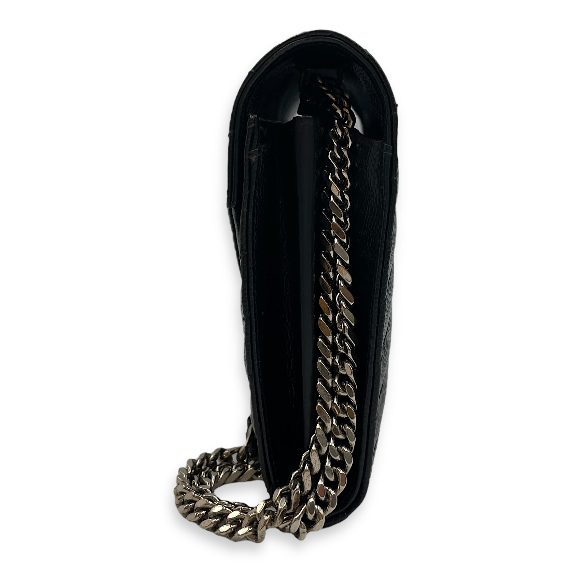 Cassandra Black Wallet on Chain in Calfskin, Silver hardware