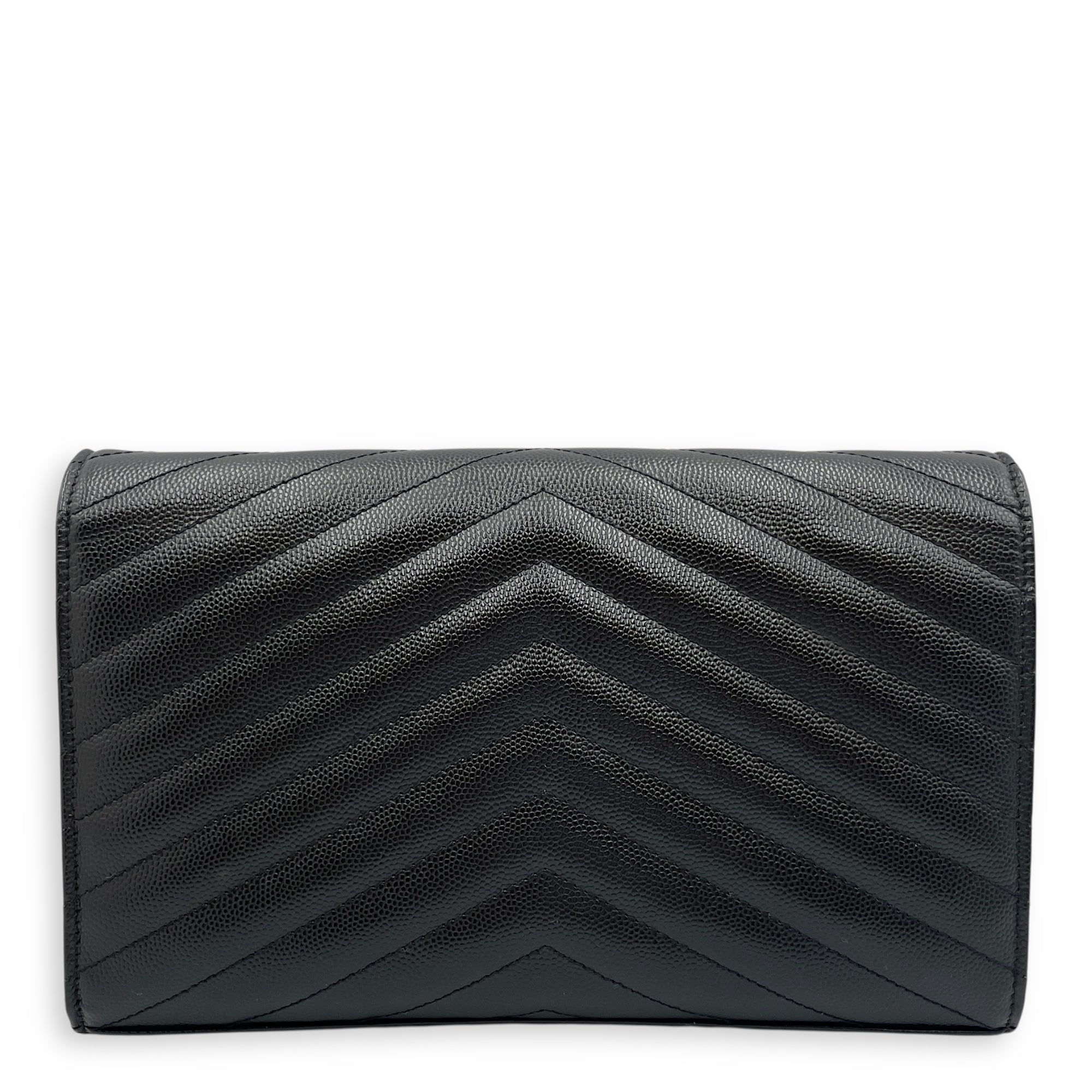 Cassandra Black Wallet on Chain in Calfskin, Silver hardware