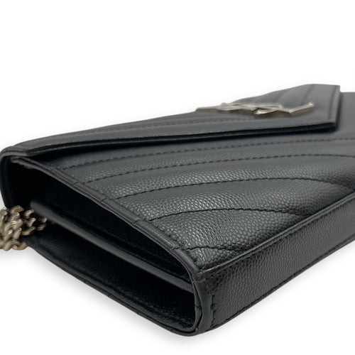Cassandra Black Wallet on Chain in Calfskin, Silver hardware