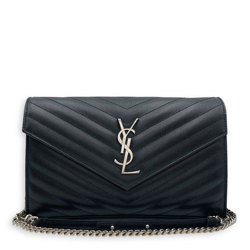 Cassandra Black Wallet on Chain in Calfskin, Silver hardware