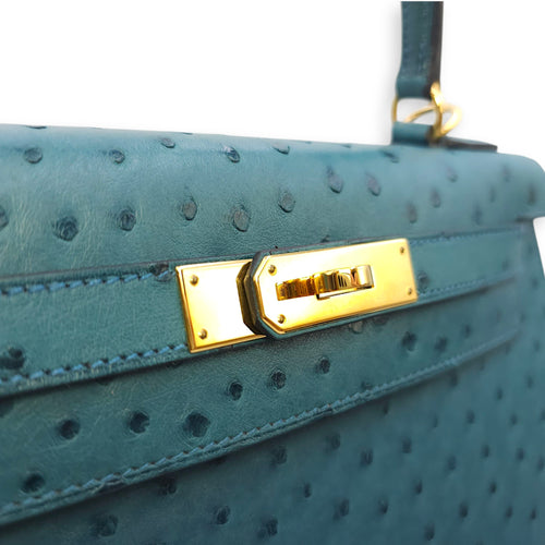 Sellier Kelly 28 Blue Cobalt in Ostrich, Gold hardware