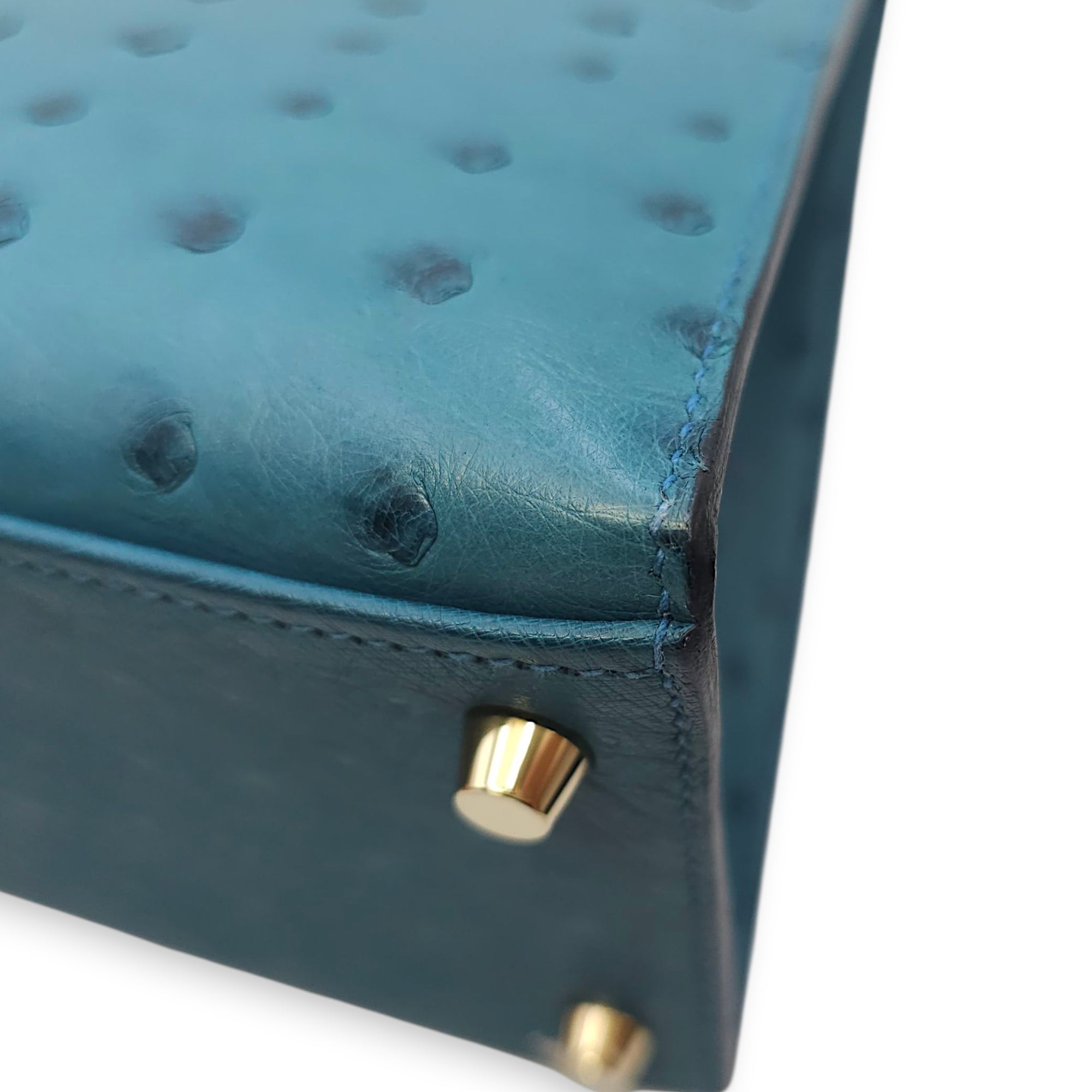 Sellier Kelly 28 Blue Cobalt in Ostrich, Gold hardware