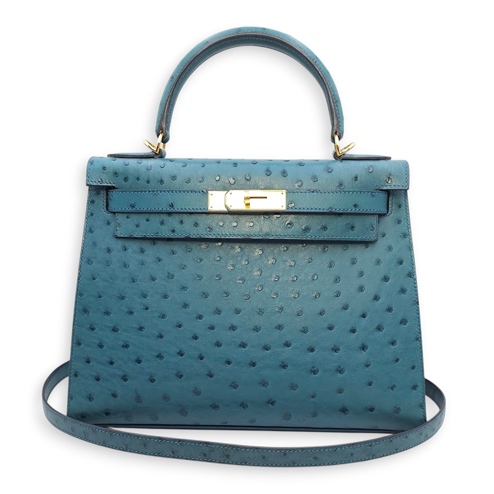 Sellier Kelly 28 Blue Cobalt in Ostrich, Gold hardware