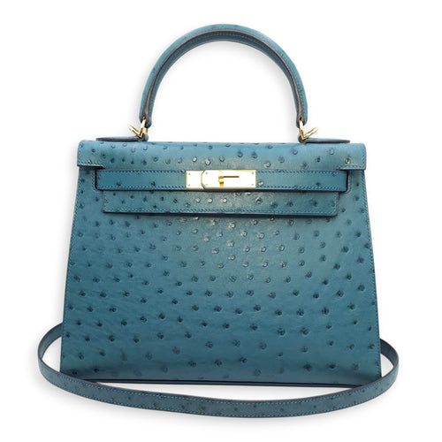 Sellier Kelly 28 Blue Cobalt in Ostrich, Gold hardware