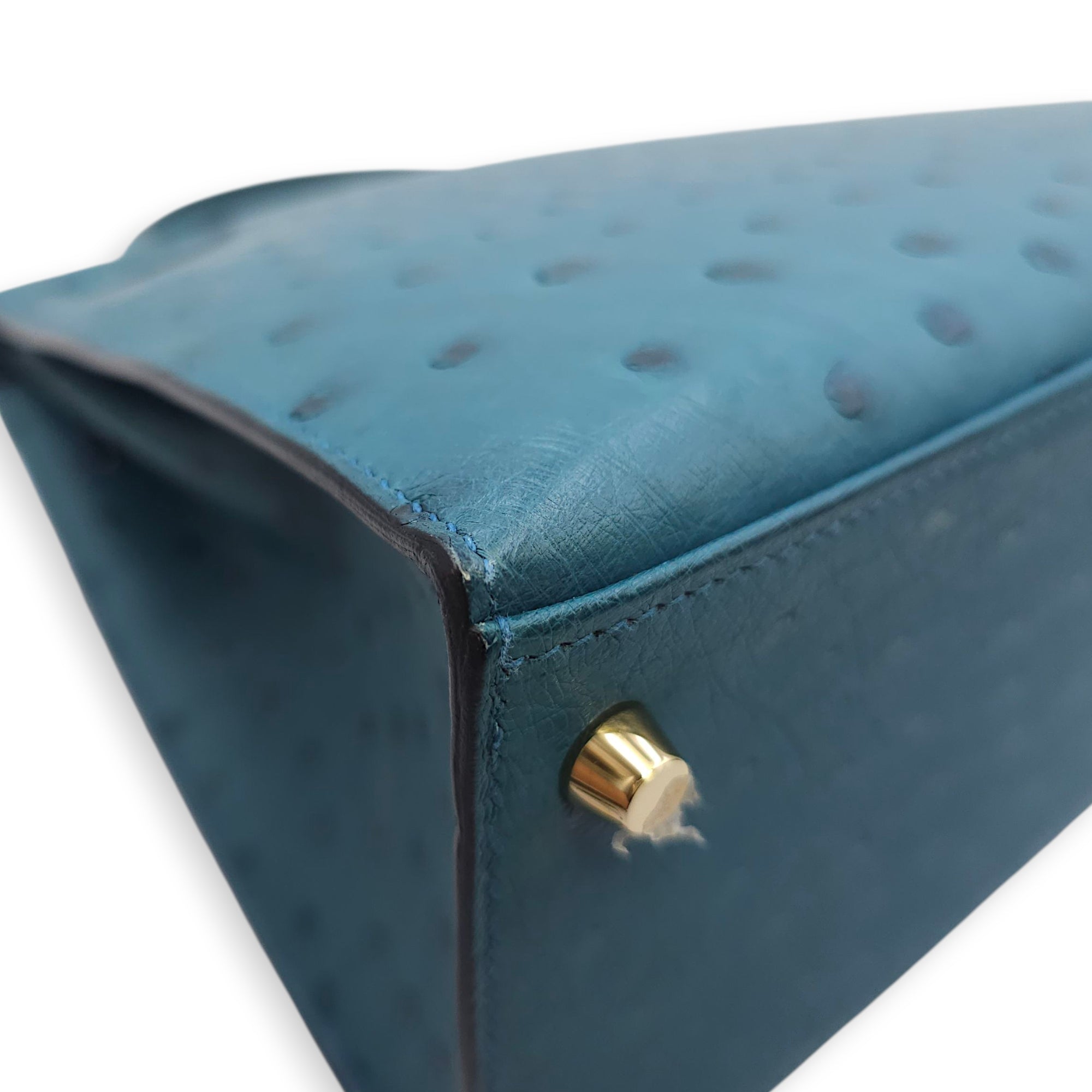 Sellier Kelly 28 Blue Cobalt in Ostrich, Gold hardware