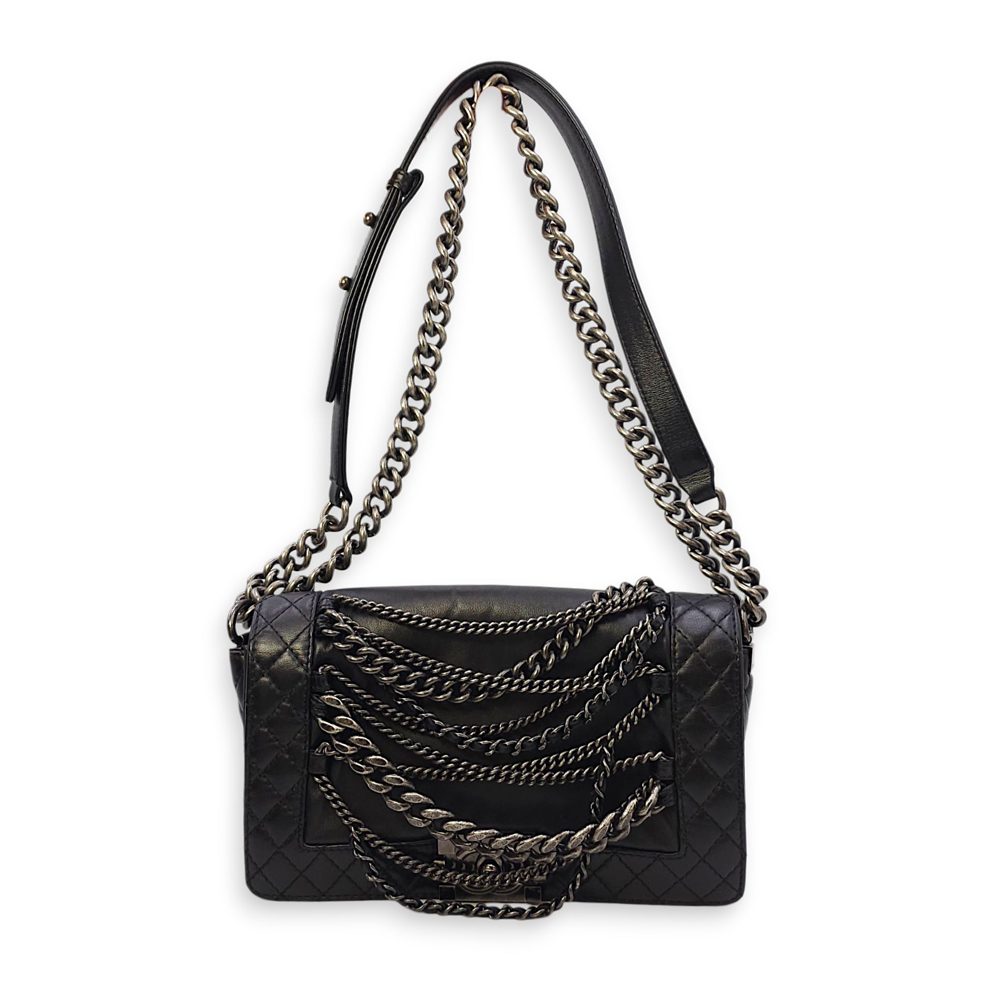 Le Boy Enchained Medium Black Flap Bag in Calfskin, Ruthenium hardware