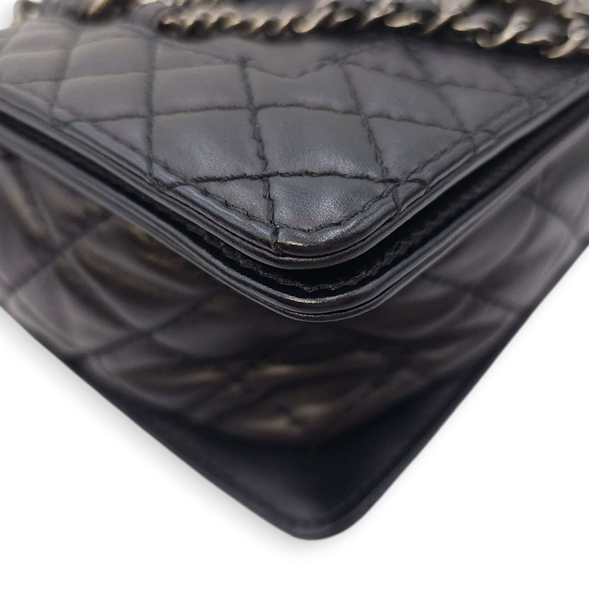 Le Boy Enchained Medium Black Flap Bag in Calfskin, Ruthenium hardware