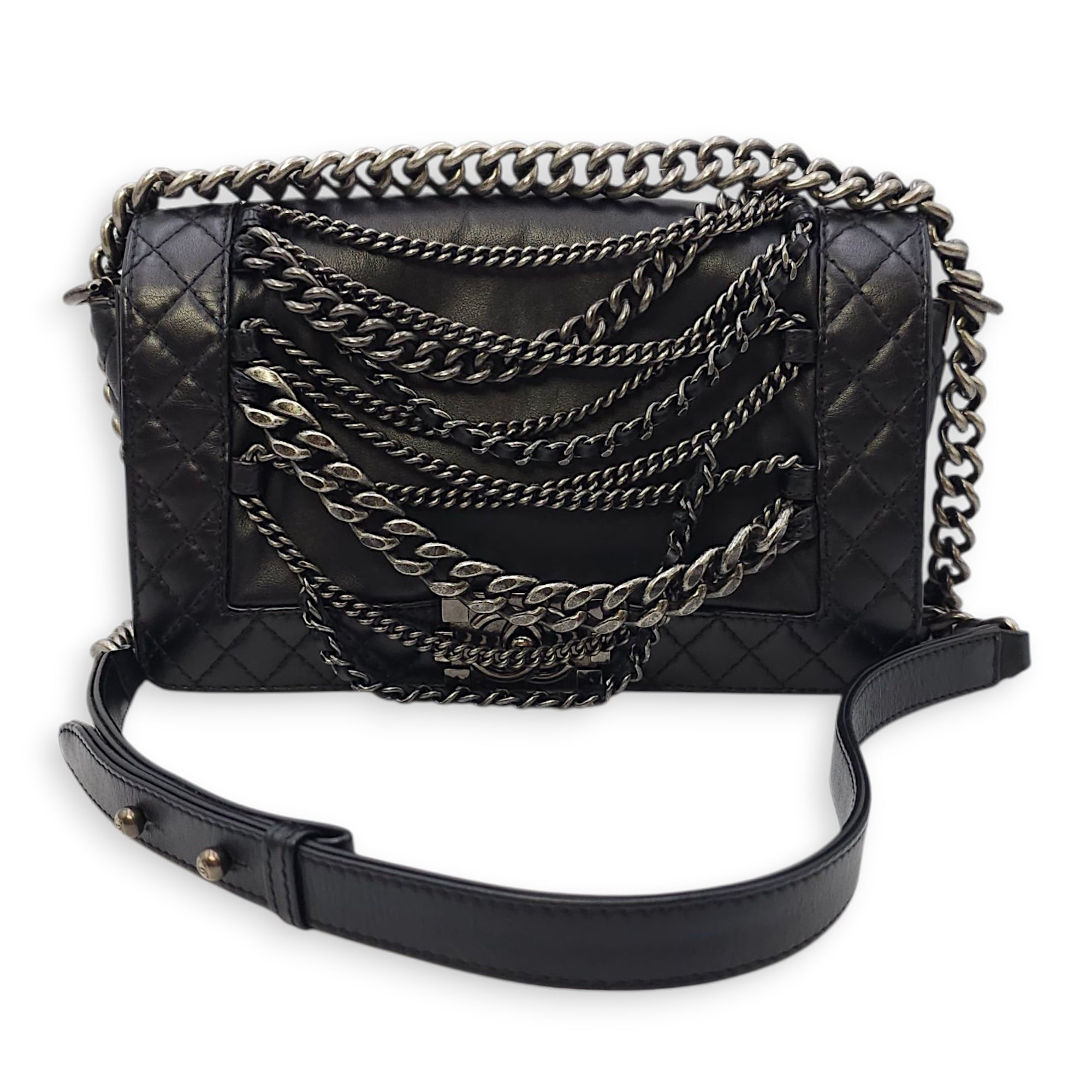 Le Boy Enchained Medium Black Flap Bag in Calfskin, Ruthenium hardware