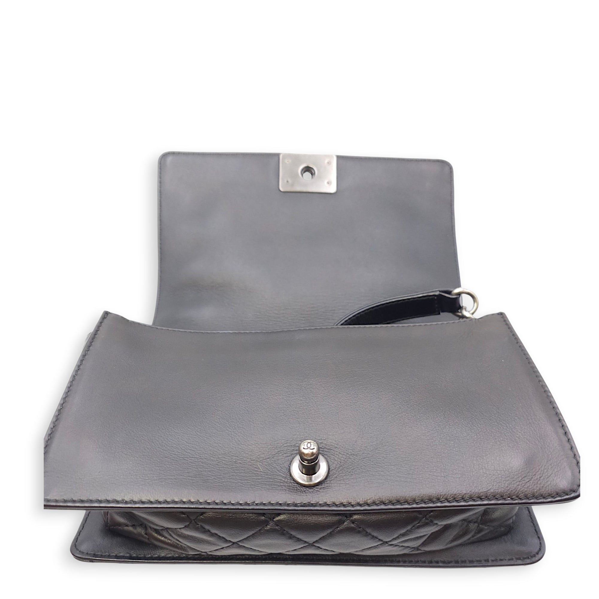 Le Boy Enchained Medium Black Flap Bag in Calfskin, Ruthenium hardware