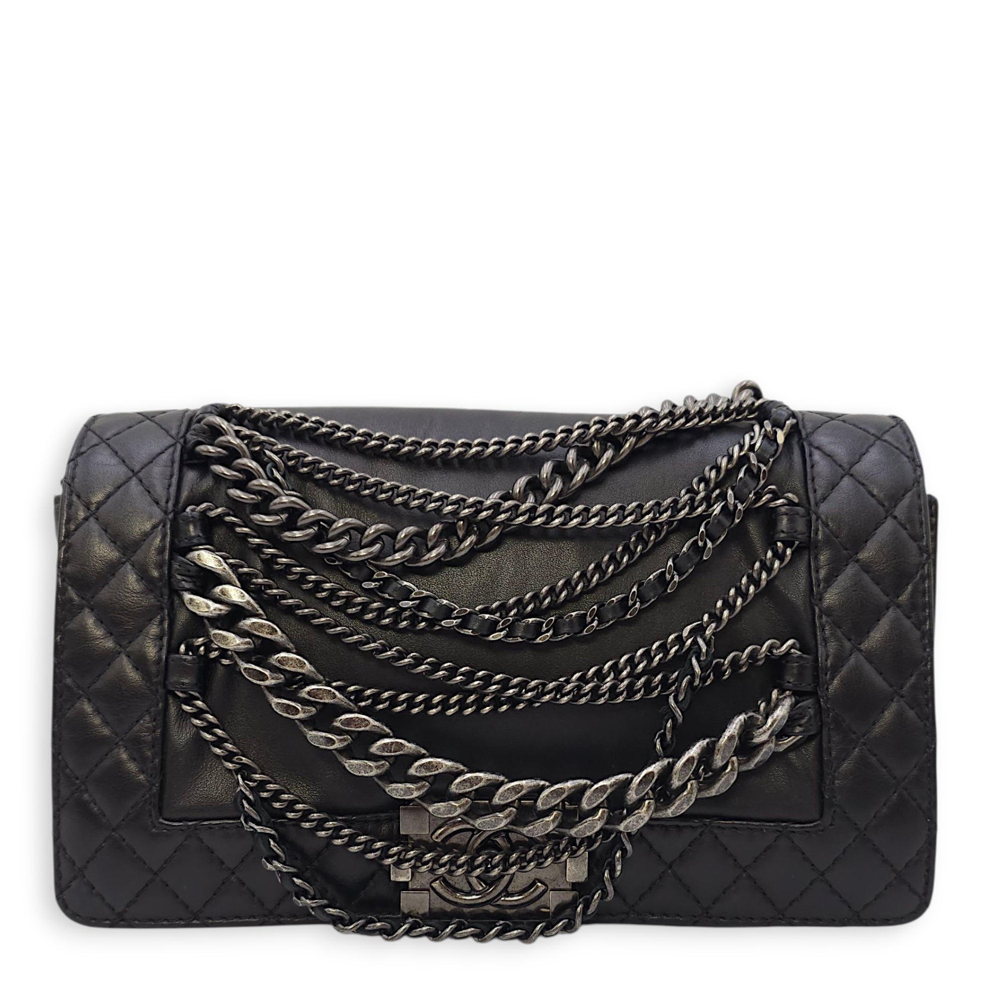 Le Boy Enchained Medium Black Flap Bag in Calfskin, Ruthenium hardware