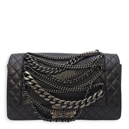 Le Boy Enchained Medium Black Flap Bag in Calfskin, Ruthenium hardware