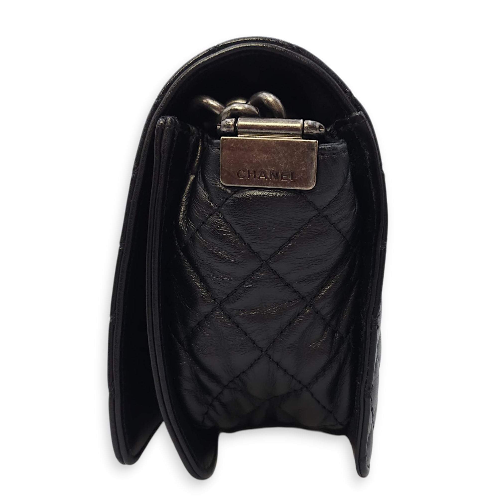 Le Boy Enchained Medium Black Flap Bag in Calfskin, Ruthenium hardware