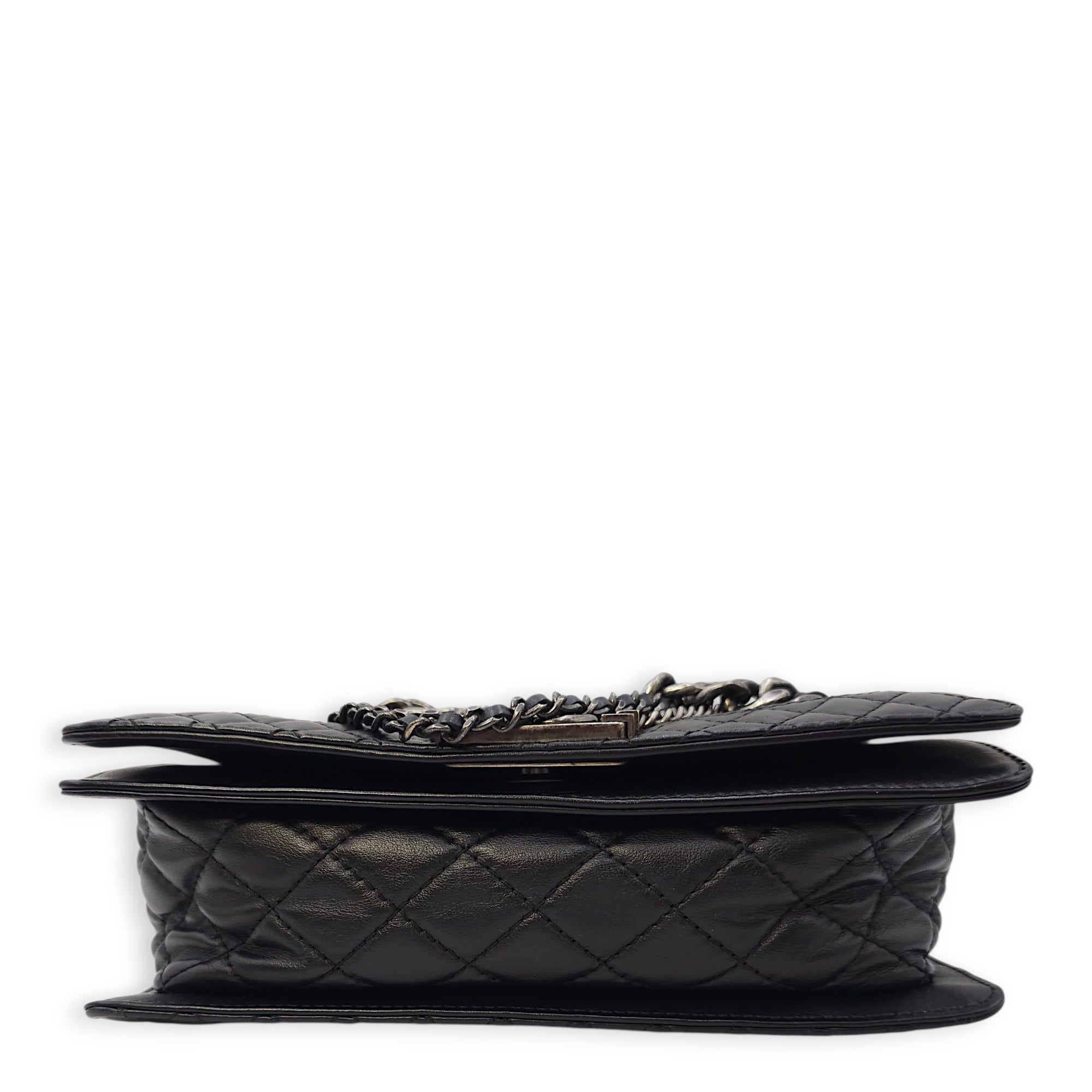Le Boy Enchained Medium Black Flap Bag in Calfskin, Ruthenium hardware