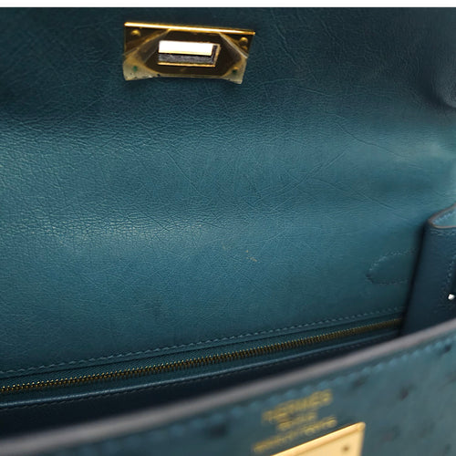 Sellier Kelly 28 Blue Cobalt in Ostrich, Gold hardware