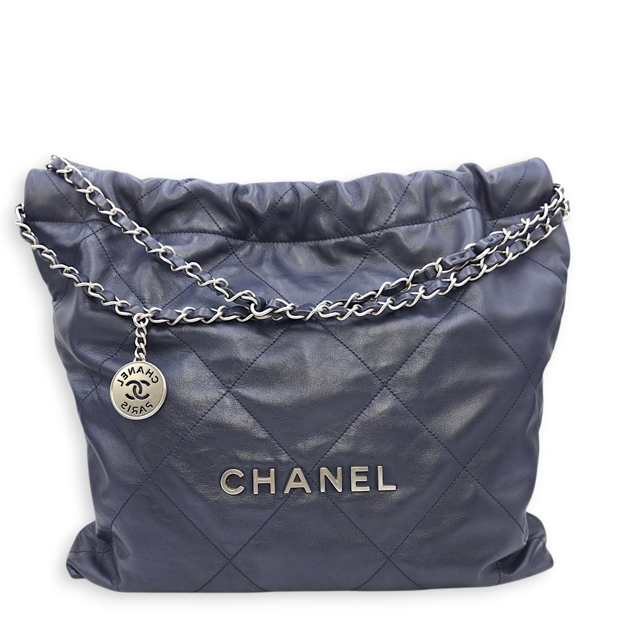 C22 Medium Blue Tote Bag in Calfskin, Silver hardware
