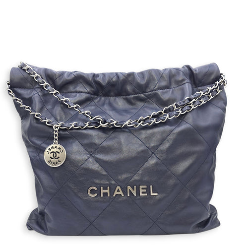 C22 Medium Blue Tote Bag in Calfskin, Silver hardware