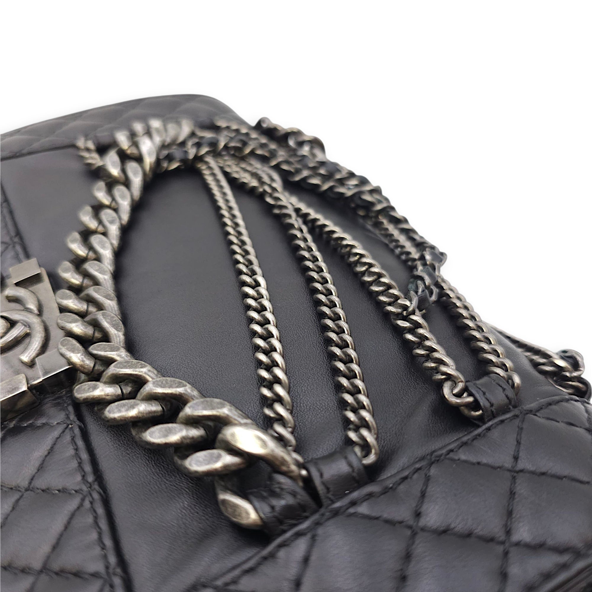 Le Boy Enchained Medium Black Flap Bag in Calfskin, Ruthenium hardware