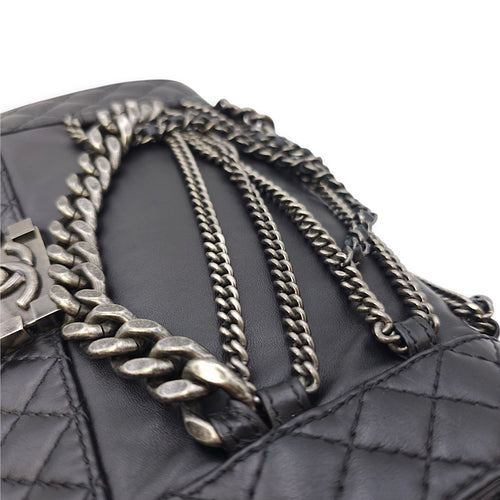 Le Boy Enchained Medium Black Flap Bag in Calfskin, Ruthenium hardware