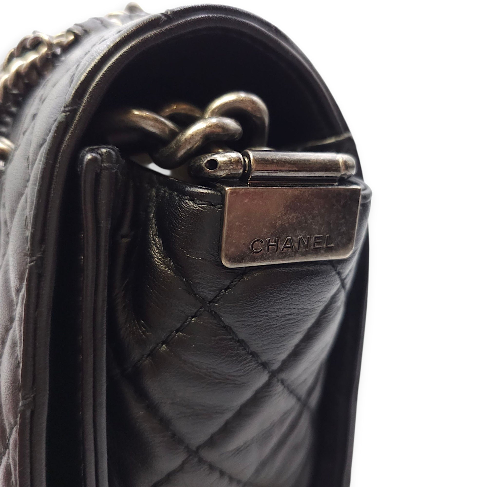 Le Boy Enchained Medium Black Flap Bag in Calfskin, Ruthenium hardware